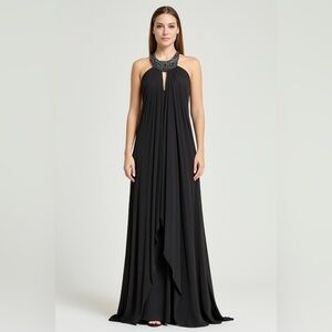 Marc Bouwer Glamit Black Silk‎ Satin & Chiffon Gown with Beaded Neckline Sz. 2